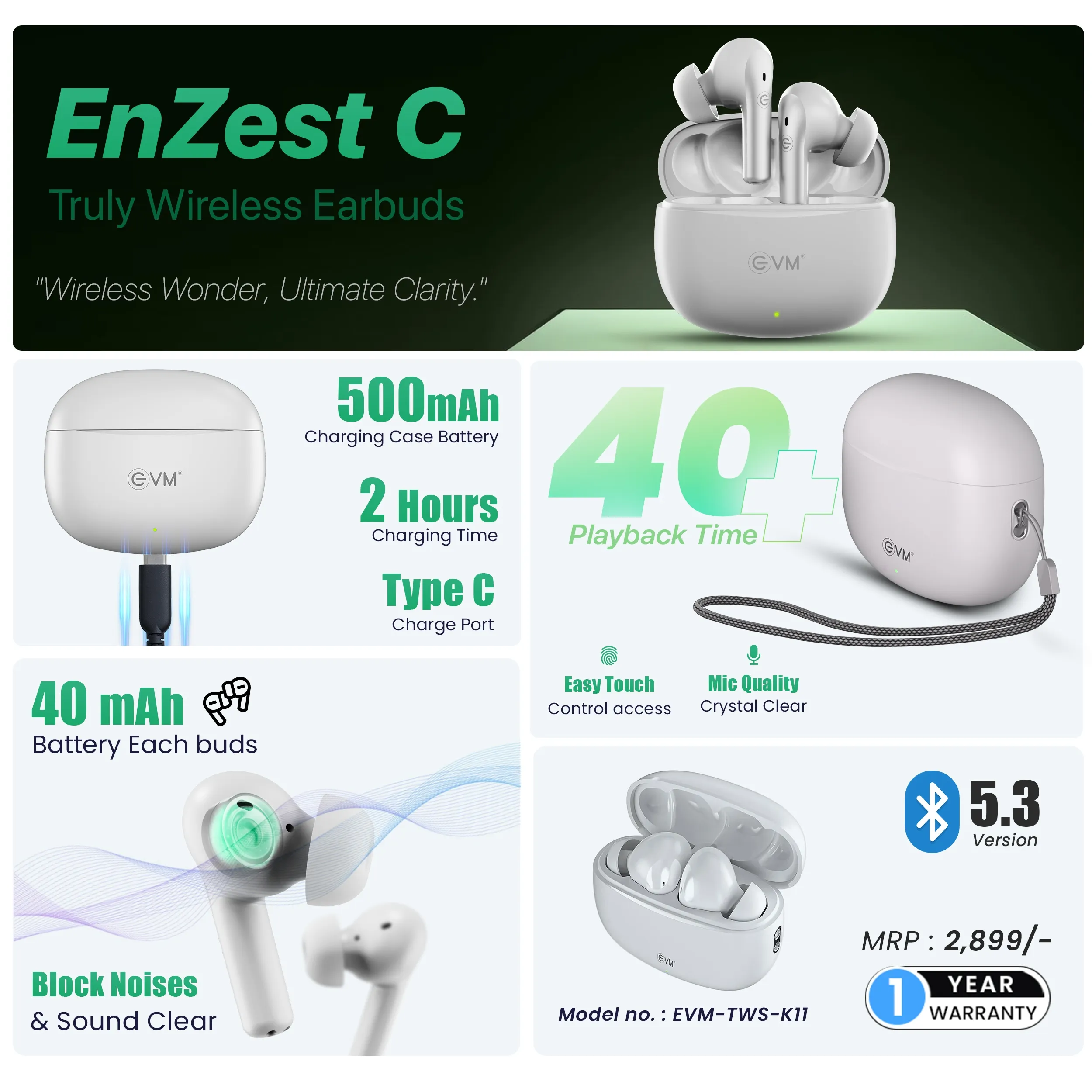 EVM Wireless Bluetooth Earbuds Enzest C Truly White (TWS-K11) view 4